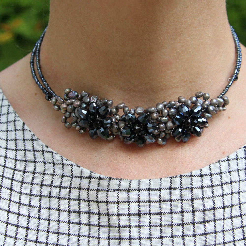 
                      
                        NKL 3 Flower Pearl & Crystal Choker ~ Grey Hematite
                      
                    