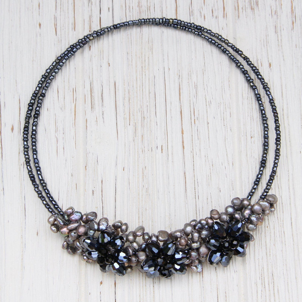 
                      
                        NKL 3 Flower Pearl & Crystal Choker ~ Grey Hematite
                      
                    