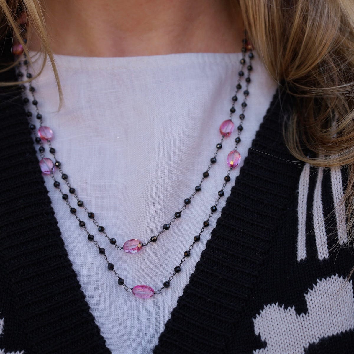 NKL 42" Oxidized Silver Pink Quartz Bead Chain Necklac