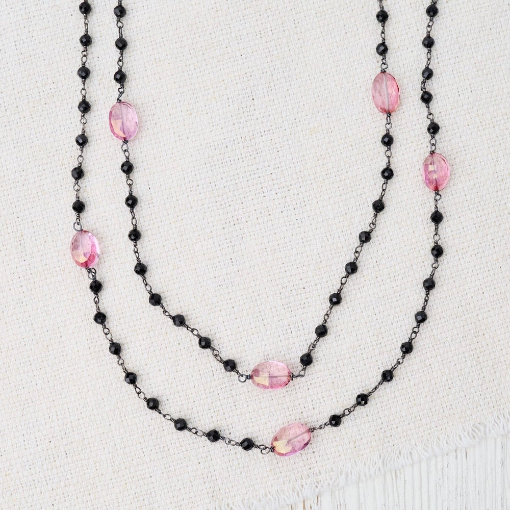 NKL 42" Oxidized Silver Pink Quartz Bead Chain Necklac