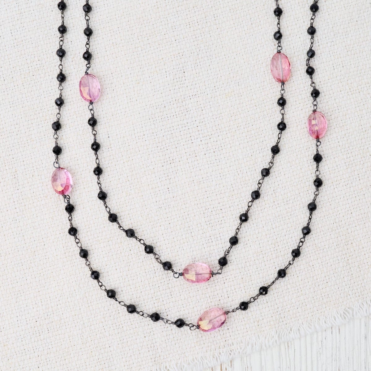 NKL 42" Oxidized Silver Pink Quartz Bead Chain Necklac