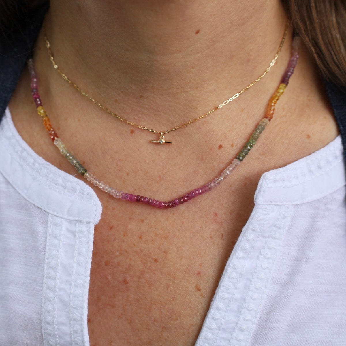 Short T-bar necklace with gold chain