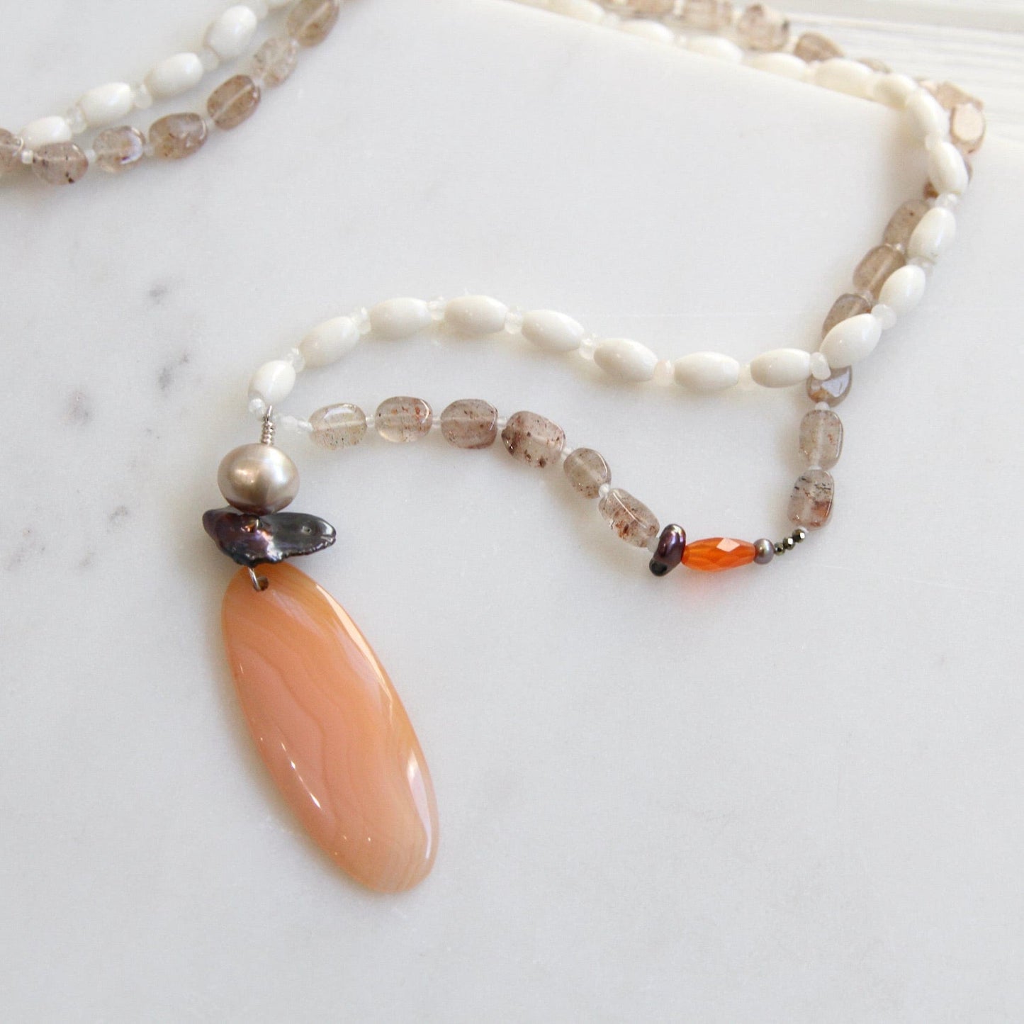 NKL Agate & Bone Necklace with Pearl & Carnelian Pendant