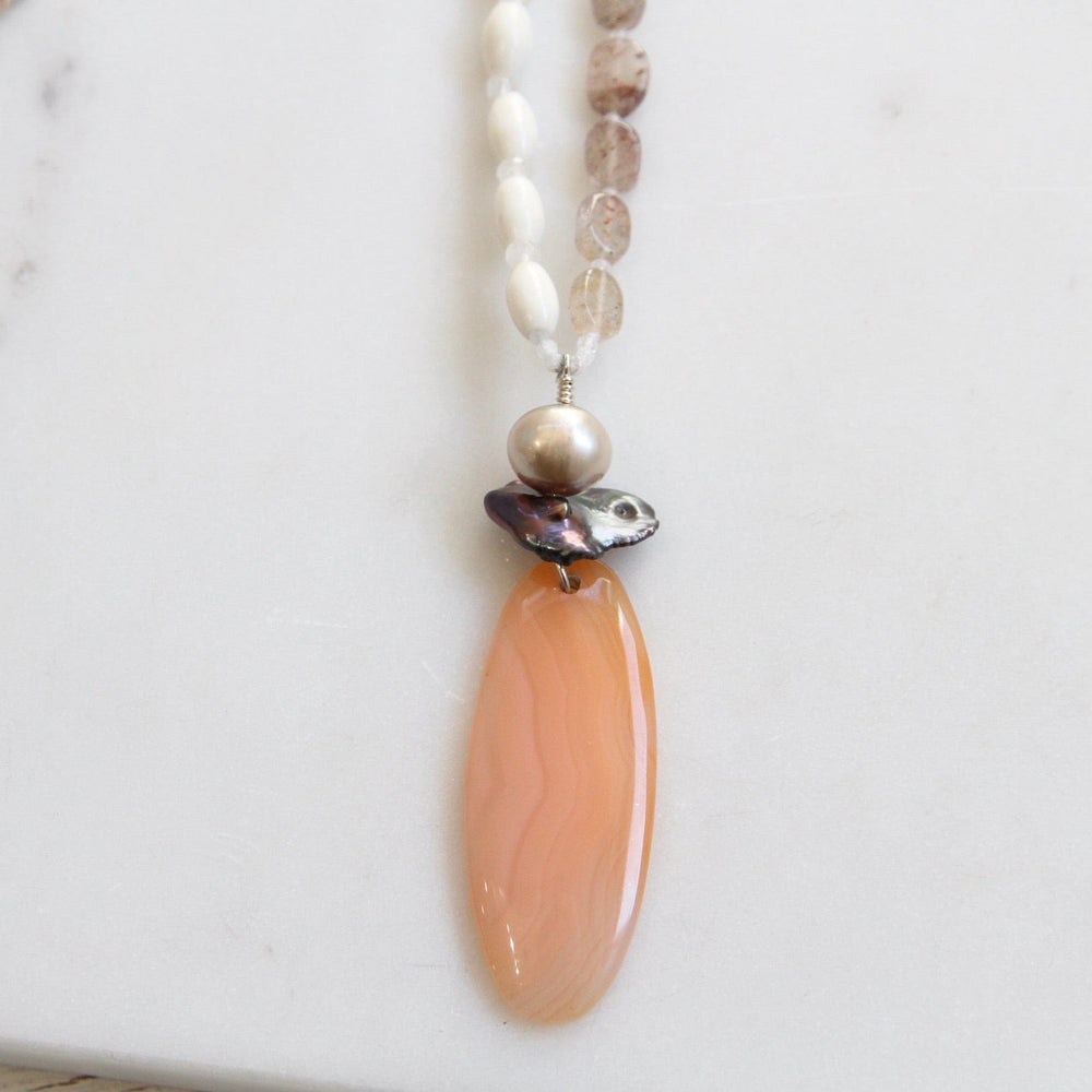 
                      
                        NKL Agate & Bone Necklace with Pearl & Carnelian Pendant
                      
                    