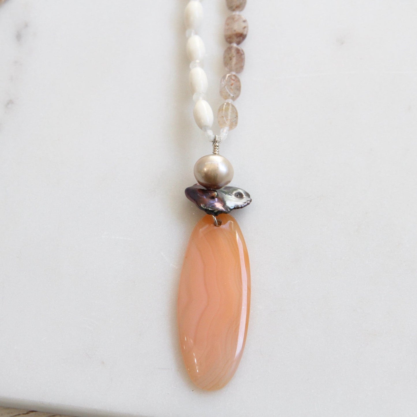 NKL Agate & Bone Necklace with Pearl & Carnelian Pendant