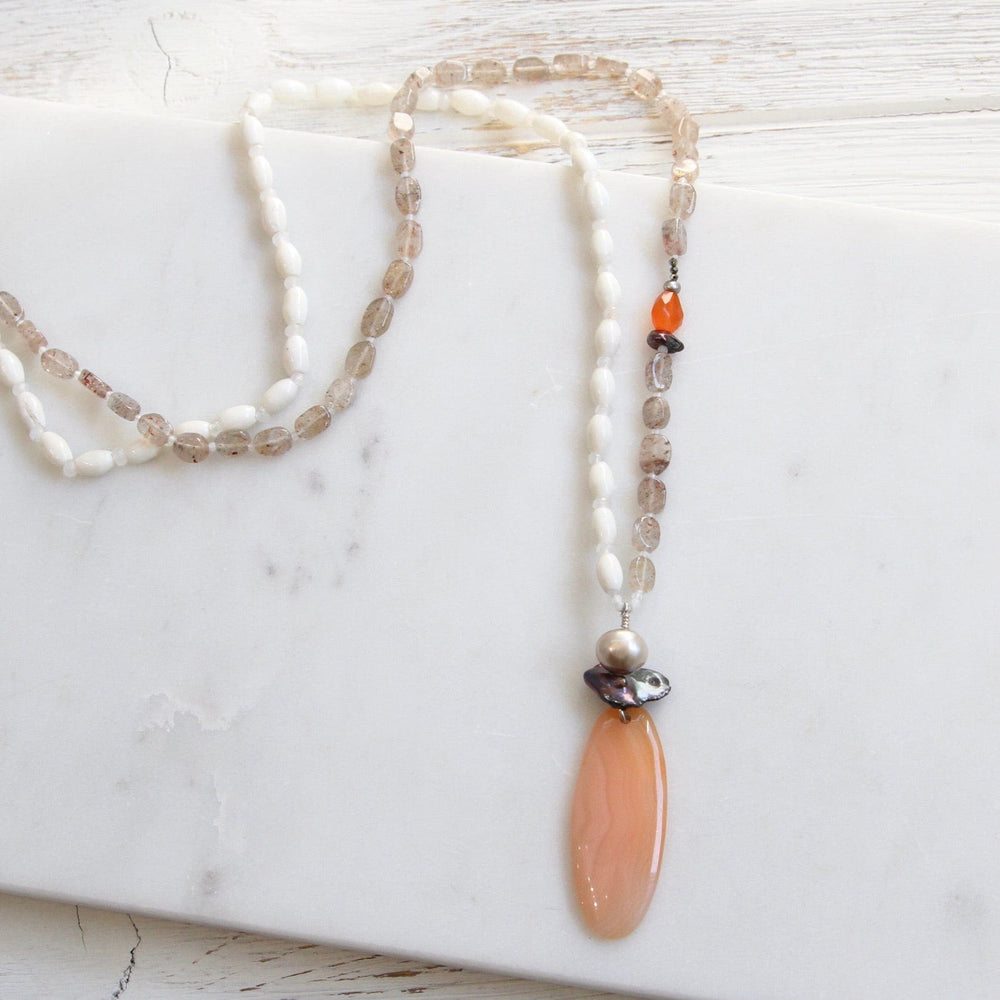 
                      
                        NKL Agate & Bone Necklace with Pearl & Carnelian Pendant
                      
                    