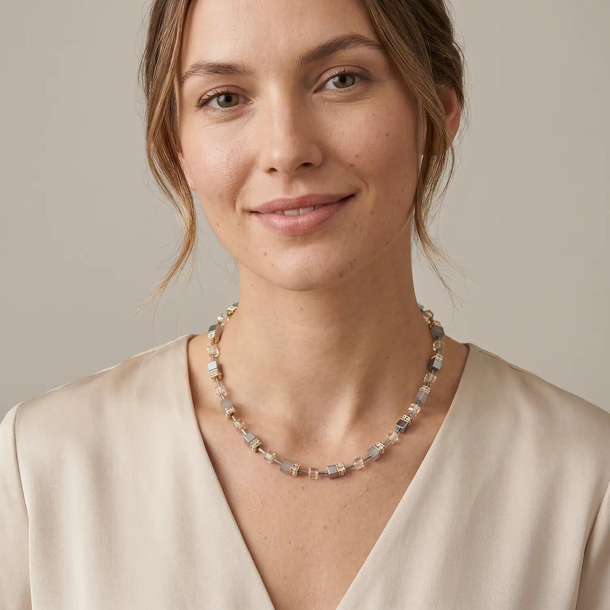 NKL Agate & Hematite Grey Gold Geo Cube Necklace