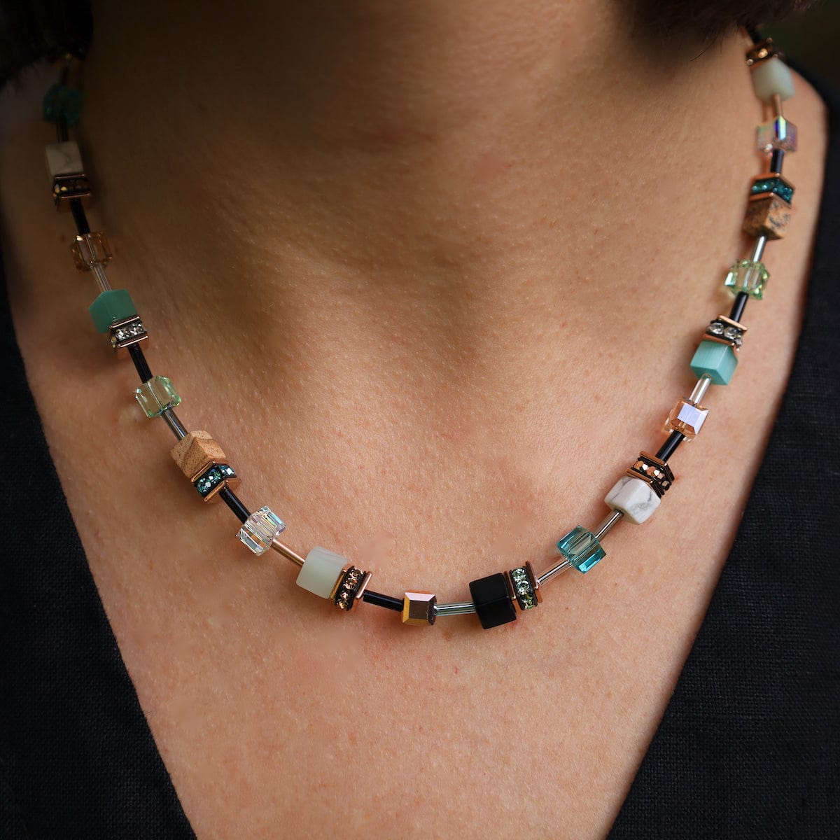 NKL Aqua & Beige Geo Cube Necklace