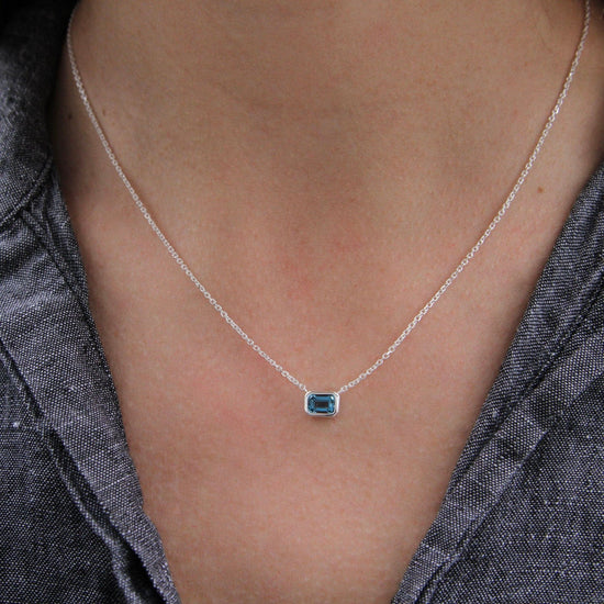 Load image into Gallery viewer, NKL Bezel Set Emerald Cut London Blue Topaz Solitaire Necklace

