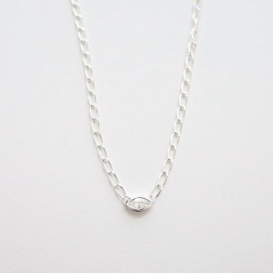 NKL Bezel Set Marquise White Topaz on Sterling Silver Cut Curb Chain