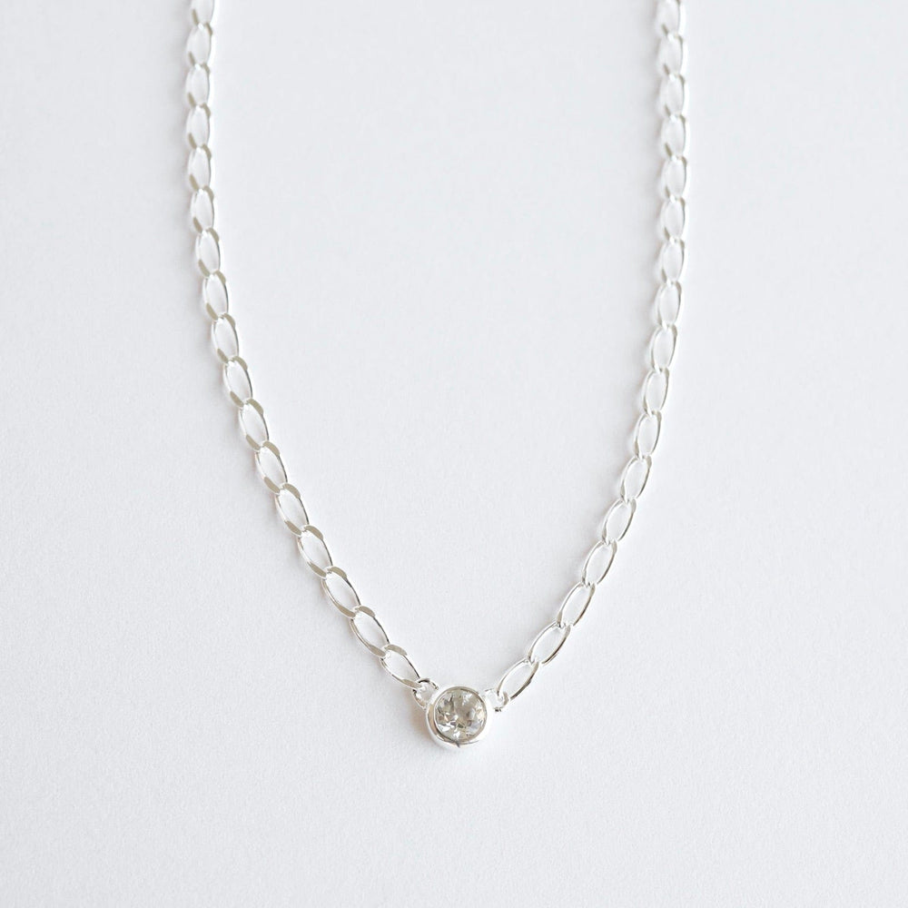 NKL Bezel Set Round White Topaz on Sterling Silver Cut Curb Chain