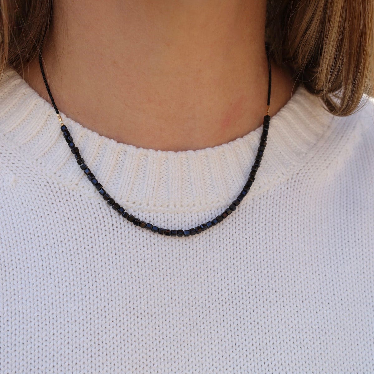 NKL Black Seed Bead & Onyx Cube Necklace