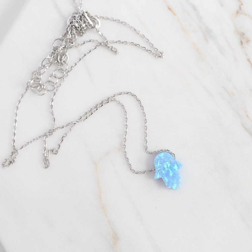 
                  
                    NKL Blue Opal Hamsa Hand Necklace on Sterling Silver Chain
                  
                