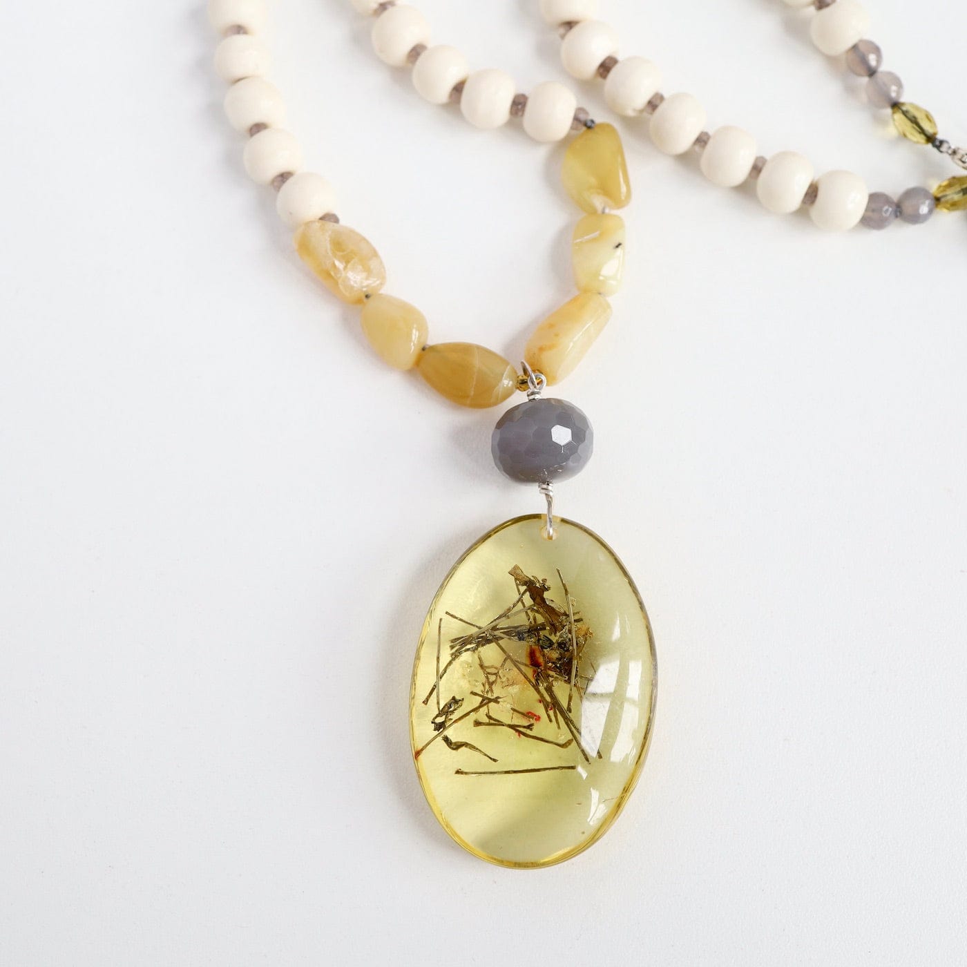 NKL Bone & Yellow Jade Necklace with Amber Pendant Necklace