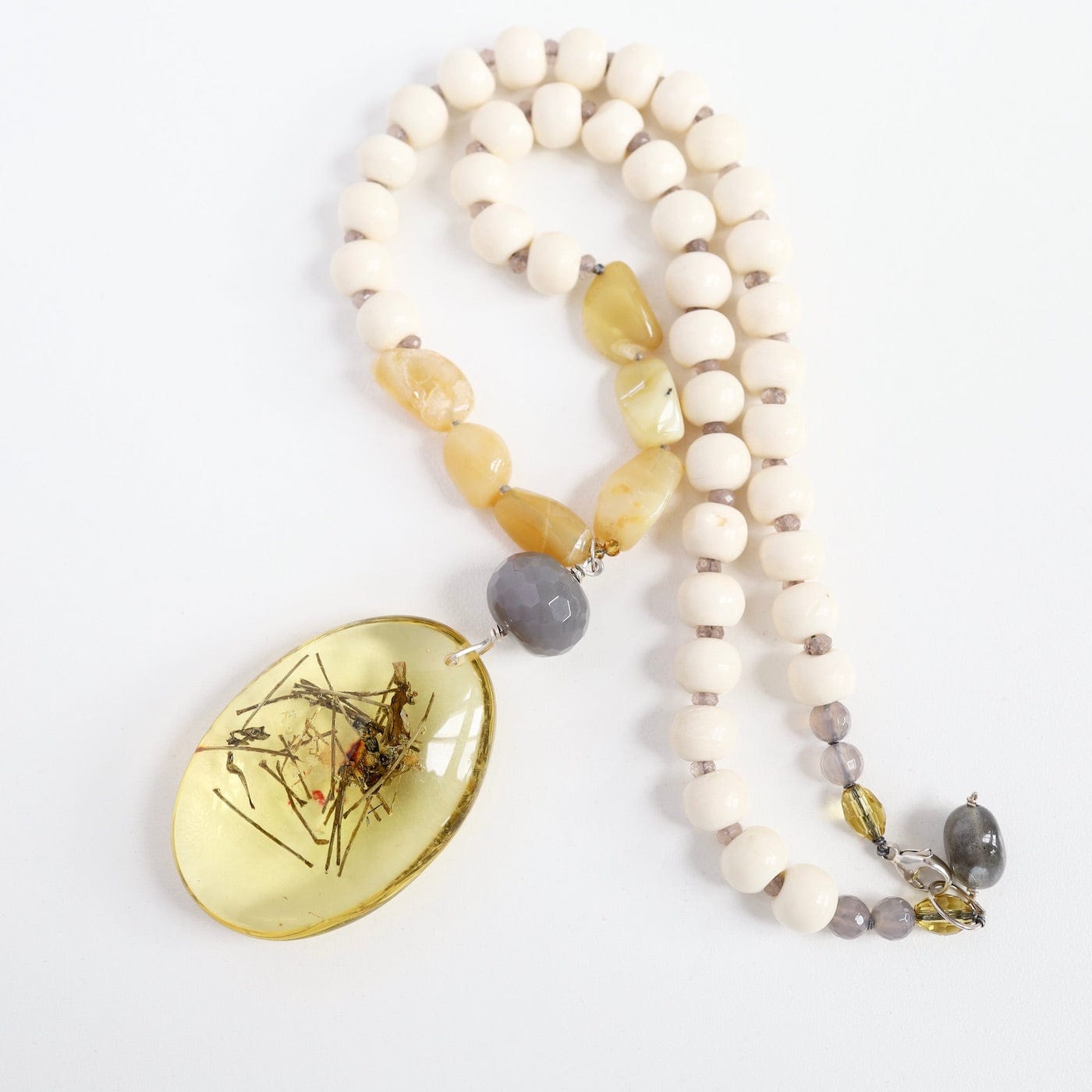 NKL Bone & Yellow Jade Necklace with Amber Pendant Necklace