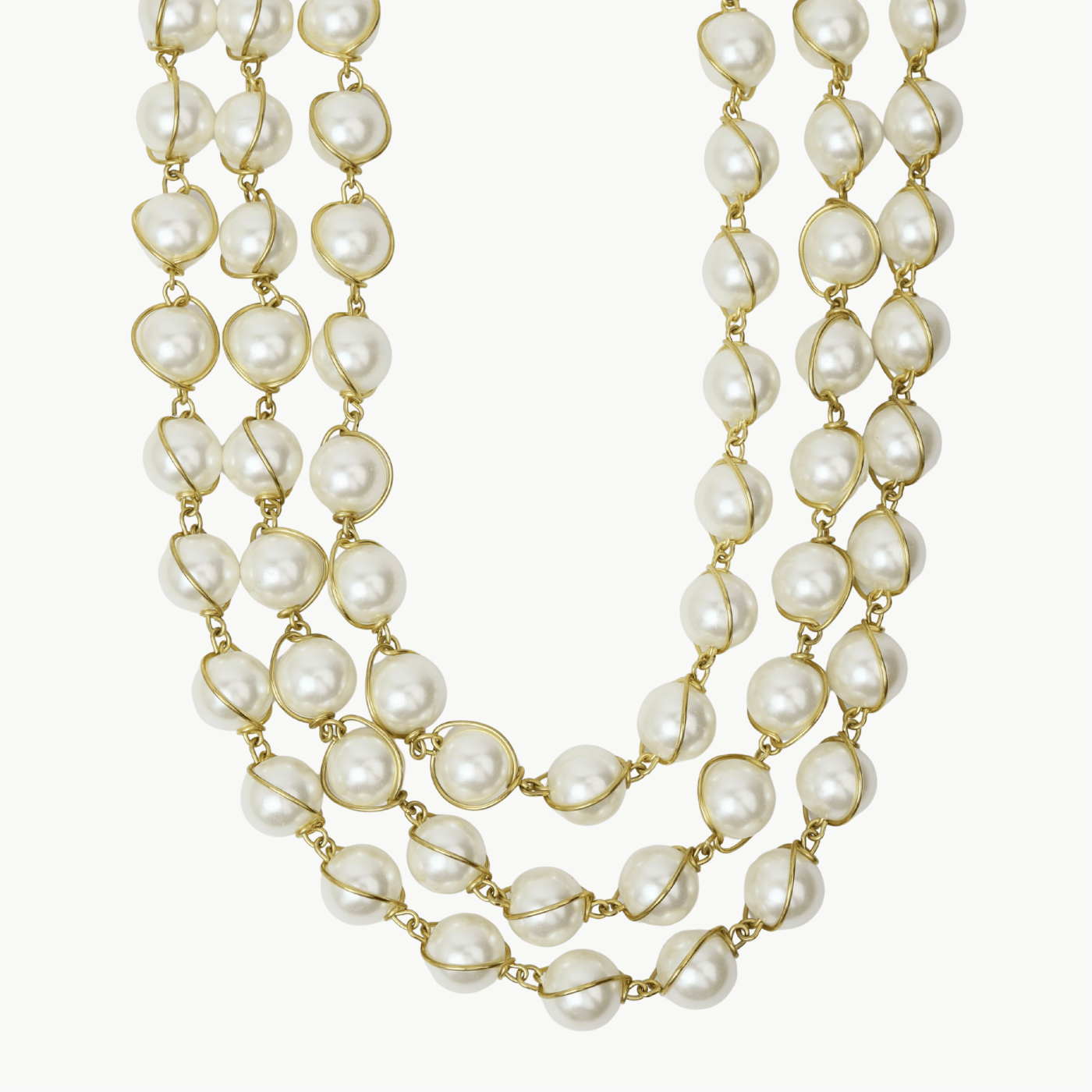 NKL-BRASS 12mm Cream Glass Pearl 3 Row Necklace - Shiny Bras