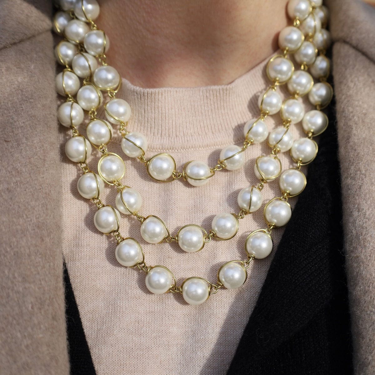 NKL-BRASS 12mm Cream Glass Pearl 3 Row Necklace - Shiny Bras