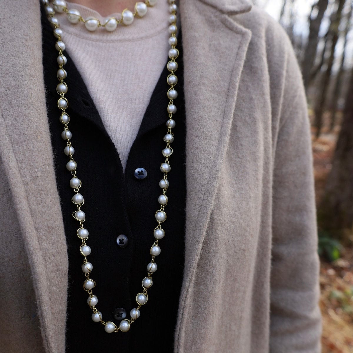 NKL-BRASS 8mm Glass Pearl 36" Necklace - Shiny Brass