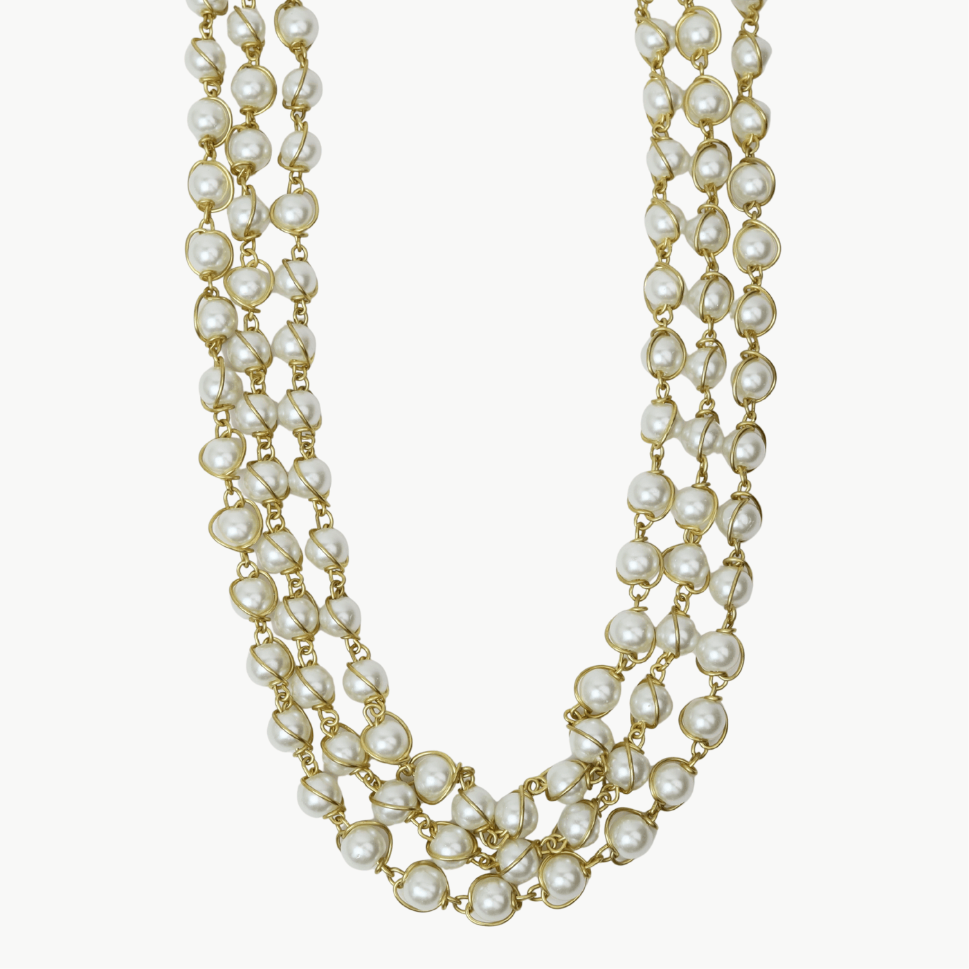 NKL-BRASS 8mm Glass White Pearl 3-Row Necklace - Shiny Brass