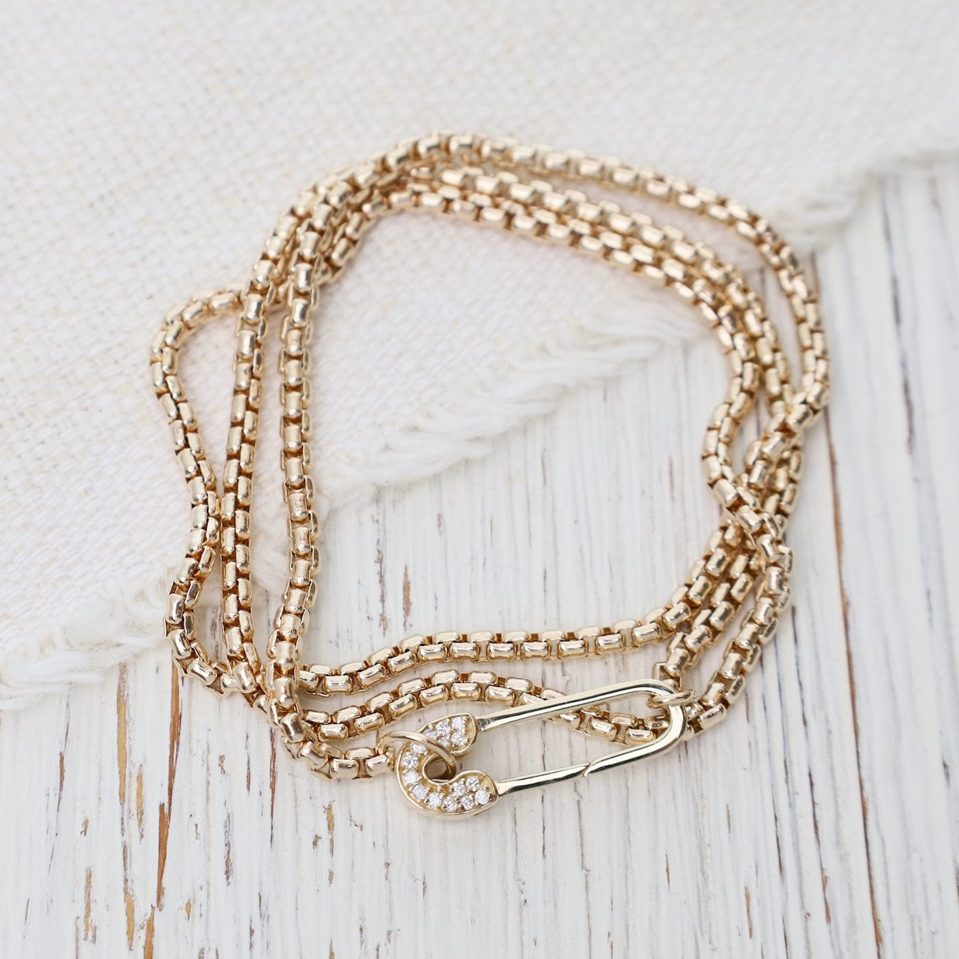 14k Medium Box Chain Wrap Bracelet & Necklace with Pave Safety Pin ...