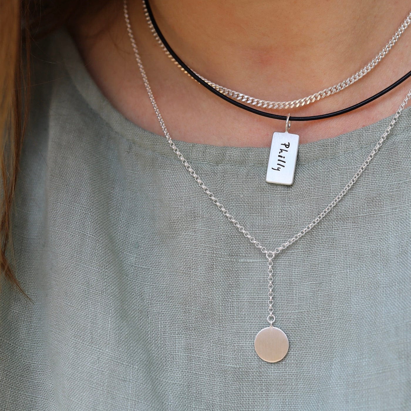 NKL Brushed Disc Drop "Y" Necklace Sterling Silver