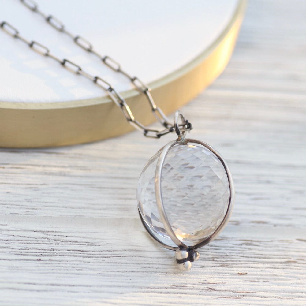 Load image into Gallery viewer, NKL Caged Faceted Quartz Crystal Ball on Oxidized Cable Chain
