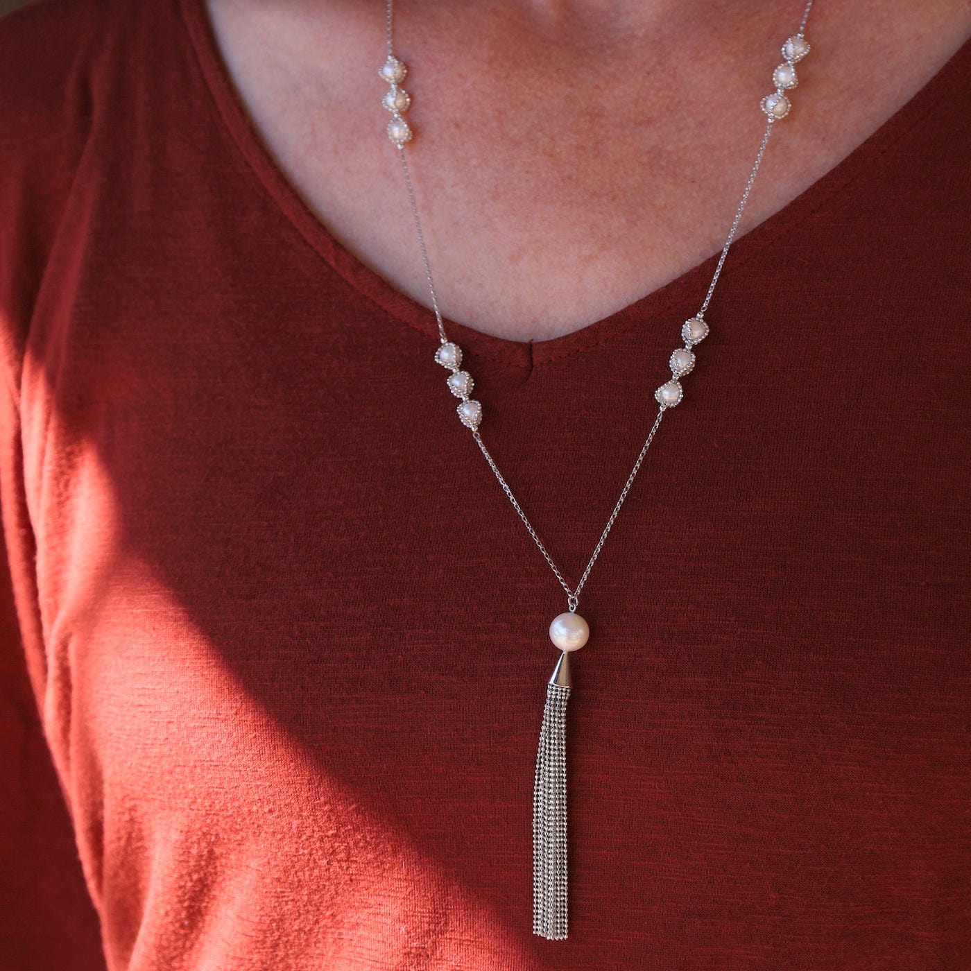 NKL Captured Pearl Stations with Tassel Necklace