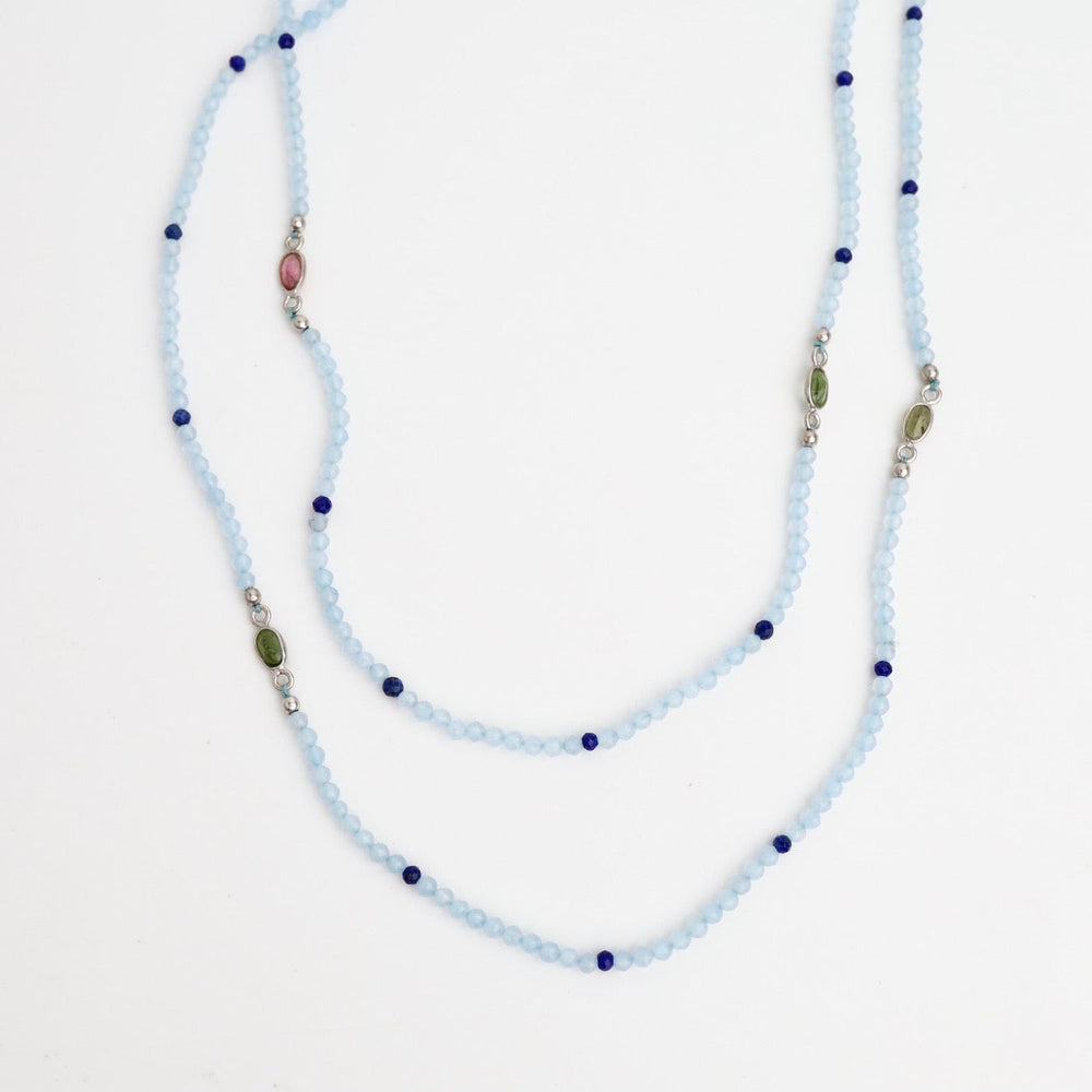 NKL Chalcedony, Tourmaline Stations & Lapis Long Necklace