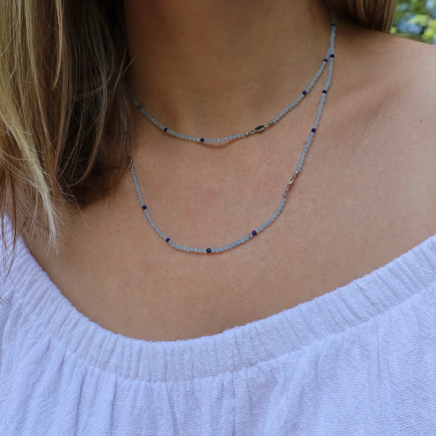 NKL Chalcedony, Tourmaline Stations & Lapis Long Necklace