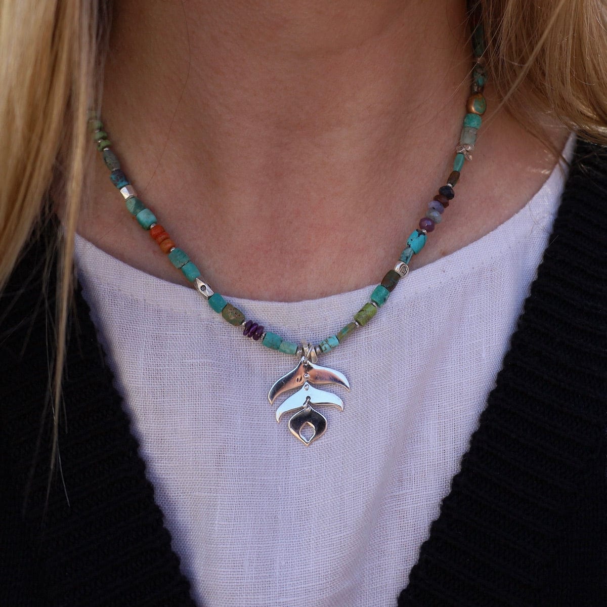 NKL Chunky Turquoise with Silver Peacock Feather Necklace