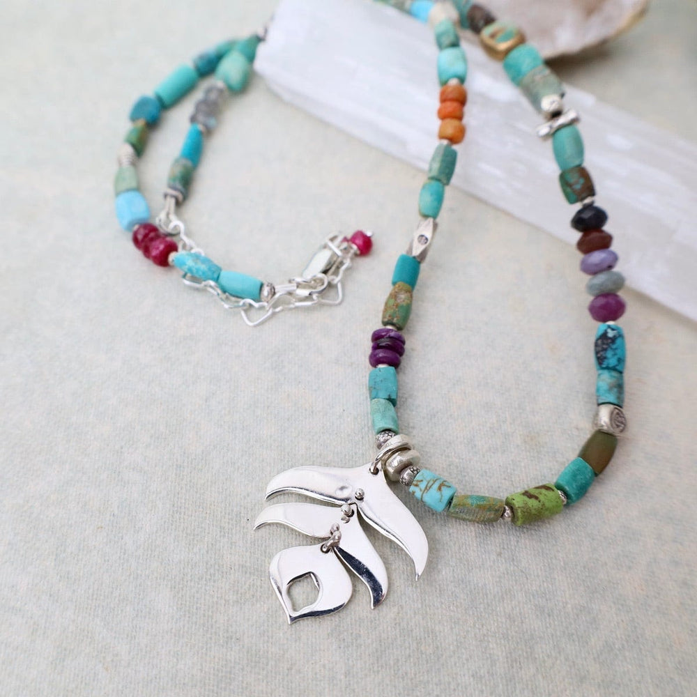 NKL Chunky Turquoise with Silver Peacock Feather Necklace