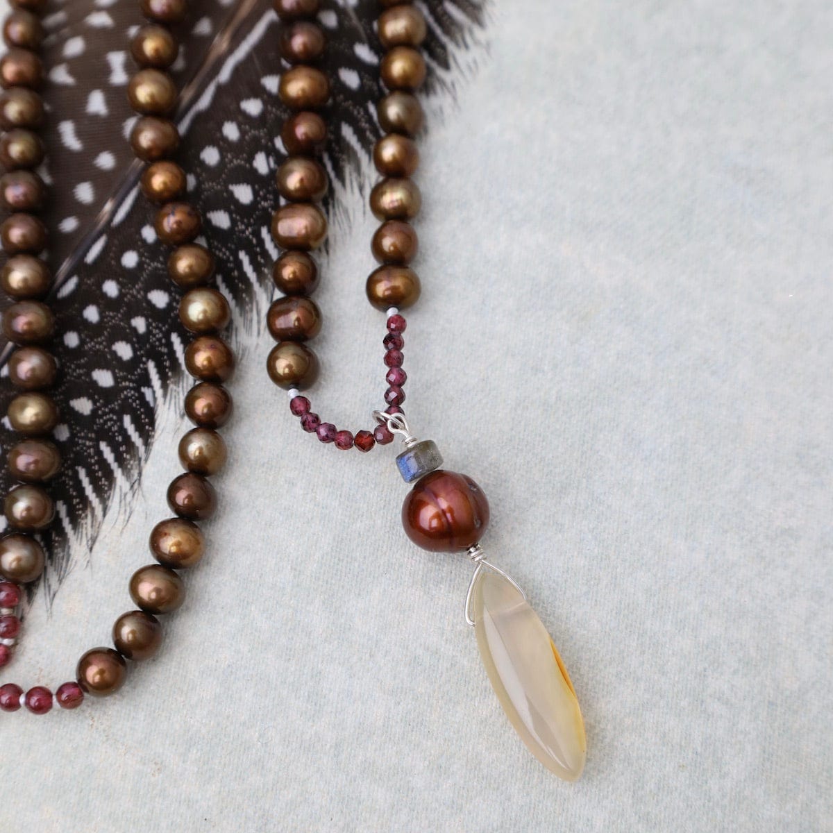 NKL Copper Pearl with Agate Drop Necklace