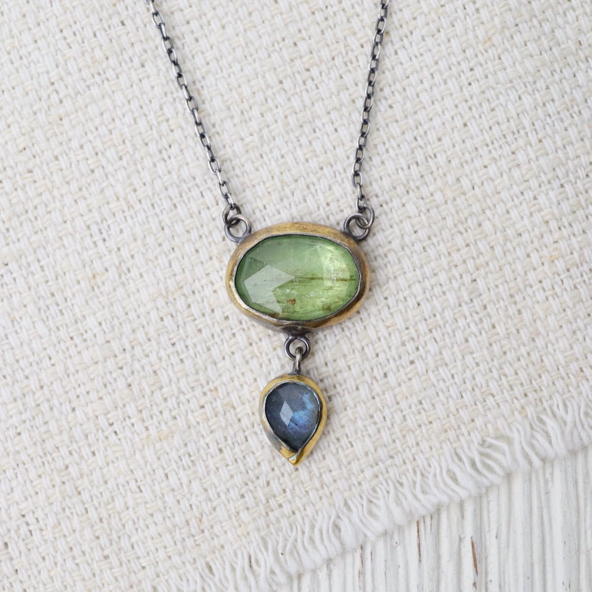 Crescent Rim Drop Necklace in Green Kyanite Labradorite Drop