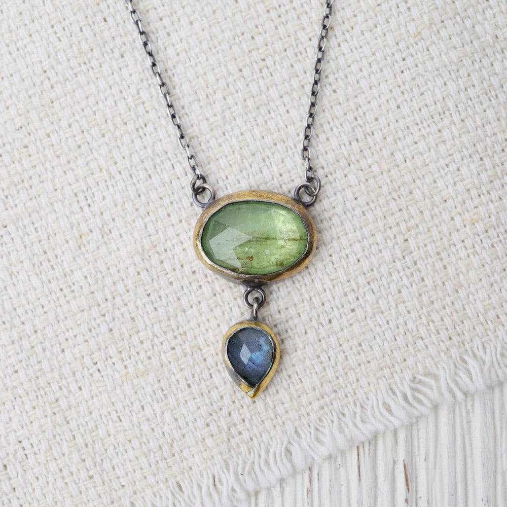 NKL Crescent Rim Drop Necklace in Green Kyanite & Labr