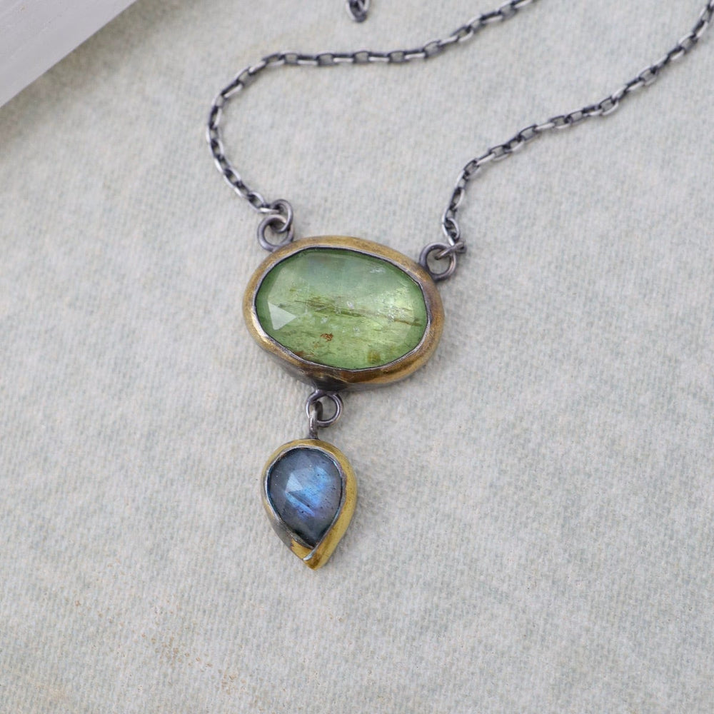 
                      
                        NKL Crescent Rim Drop Necklace in Green Kyanite & Labr
                      
                    