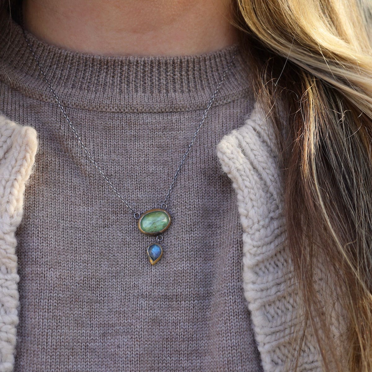 NKL Crescent Rim Drop Necklace in Green Kyanite & Labr