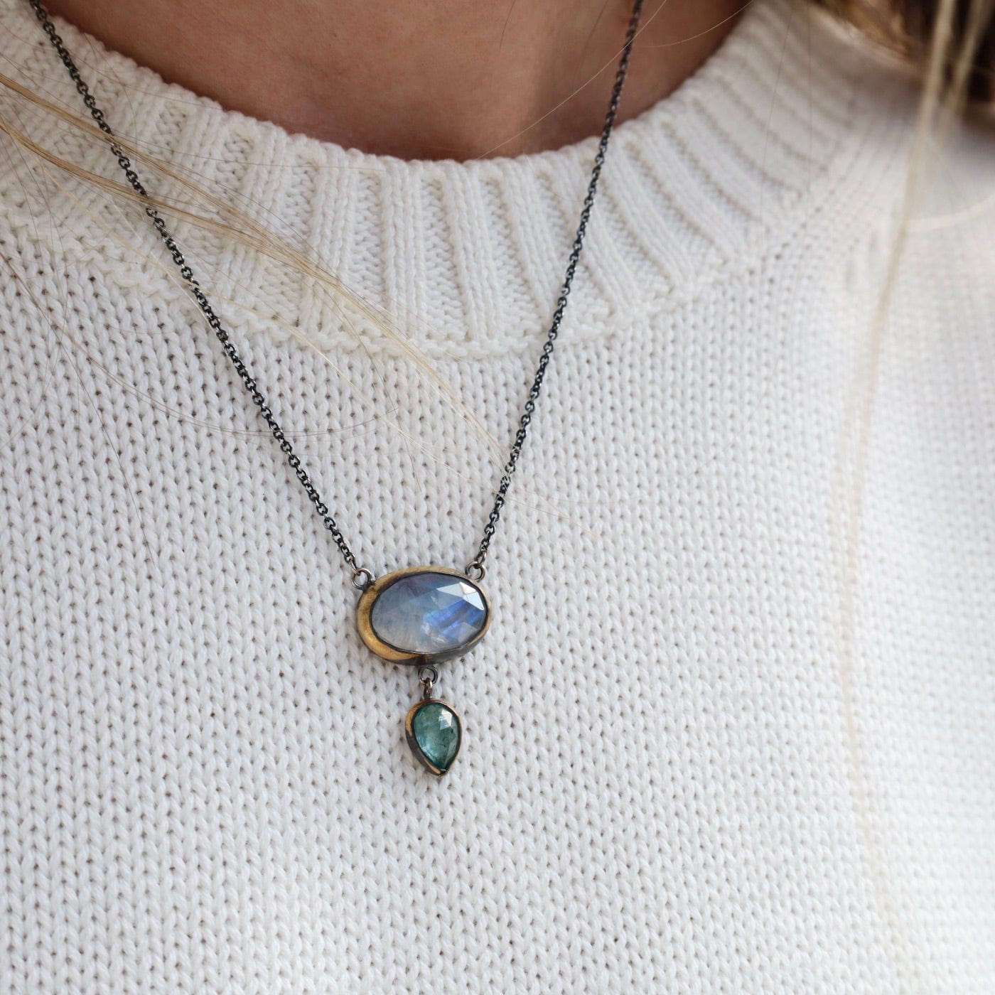 Load image into Gallery viewer, NKL Crescent Rim Drop Necklace with Moonstone &amp;amp; Sky Blue Kyanite
