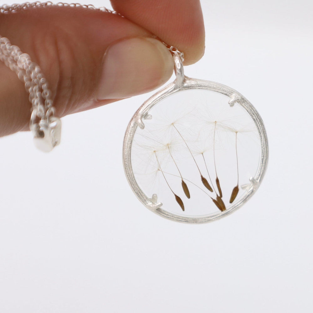 NKL Dandelion Large Glass Botanical Necklace - Sterling Silver