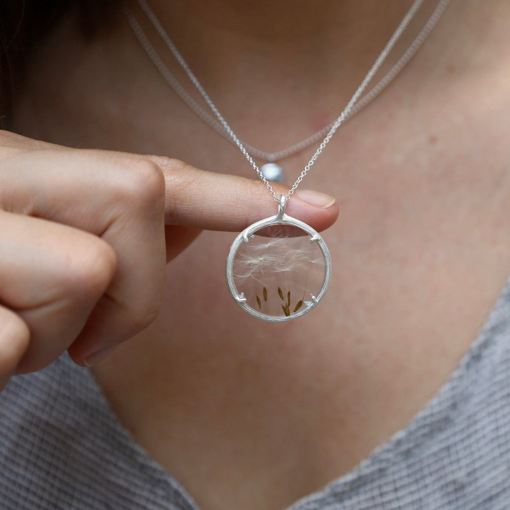 NKL Dandelion Large Glass Botanical Necklace - Sterling Silver