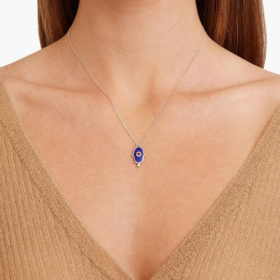 NKL Dark Blue Clay Hamsa & Tiny Diamond Necklace