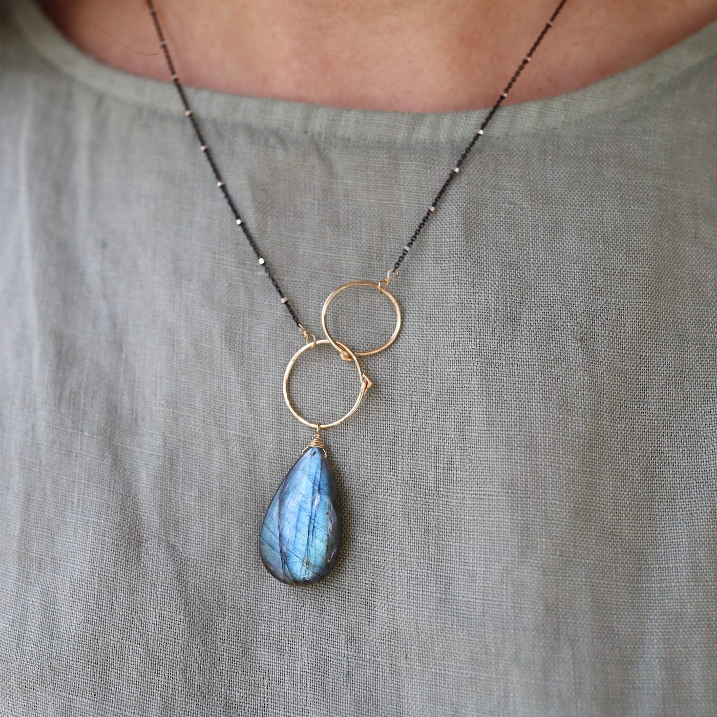 NKL Double Gold Filled Rings with Large Labradorite Necklace