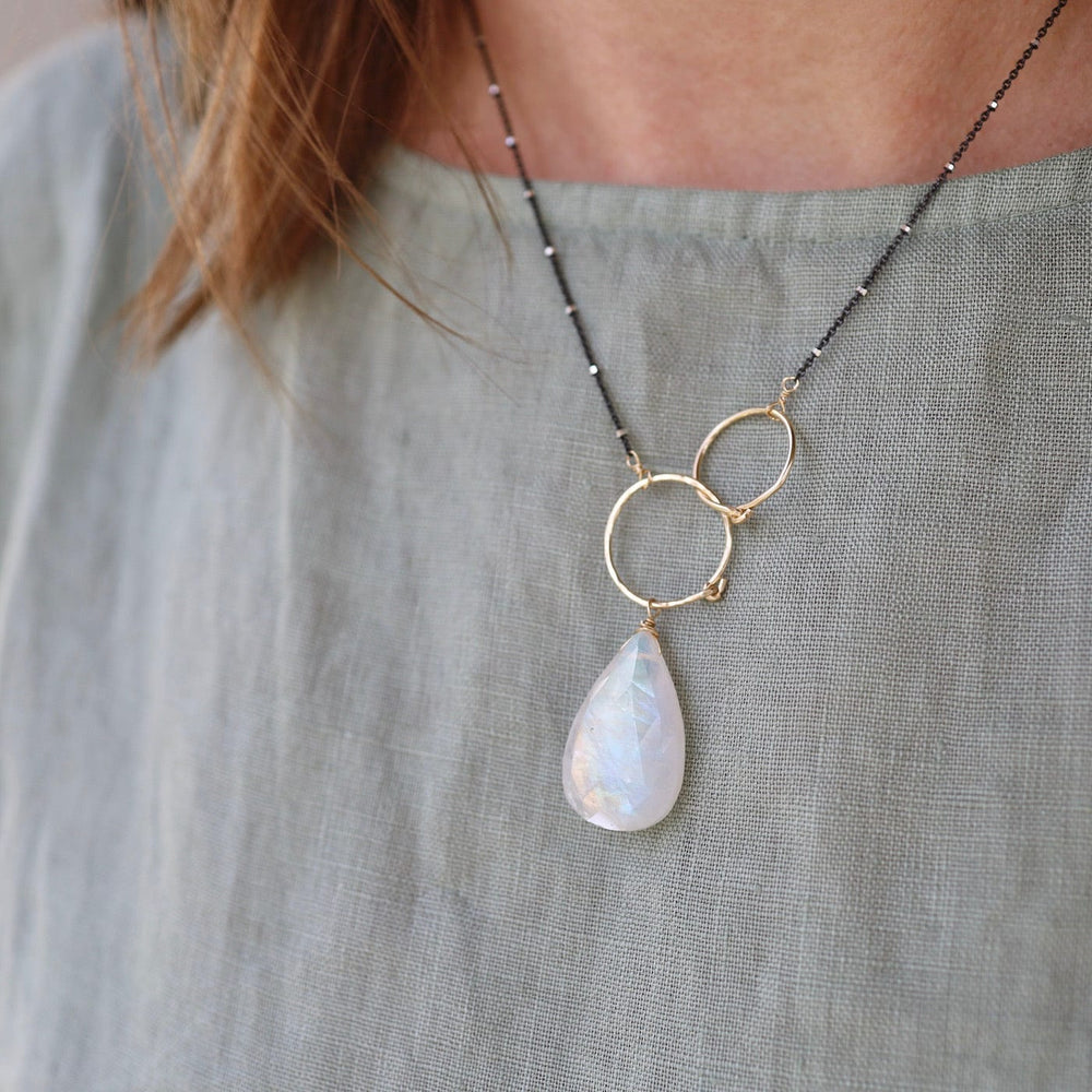 NKL Double Gold Filled Rings with Large Rainbow Moonstone Necklace