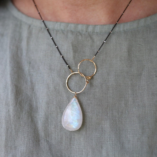 NKL Double Gold Filled Rings with Large Rainbow Moonstone Necklace