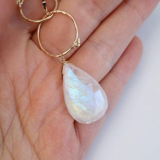 NKL Double Gold Filled Rings with Large Rainbow Moonstone Necklace