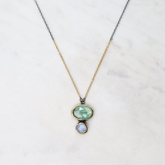 Load image into Gallery viewer, NKL Double Rim Necklace with Split Chain - Green Kyanite &amp;amp; Moonstone
