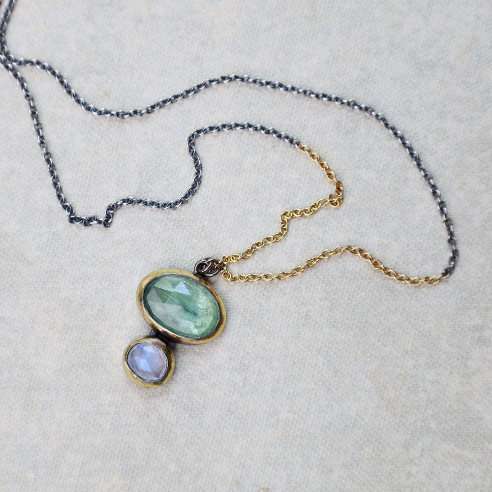 
                      
                        NKL Double Rim Necklace with Split Chain - Green Kyanite & Moonstone
                      
                    