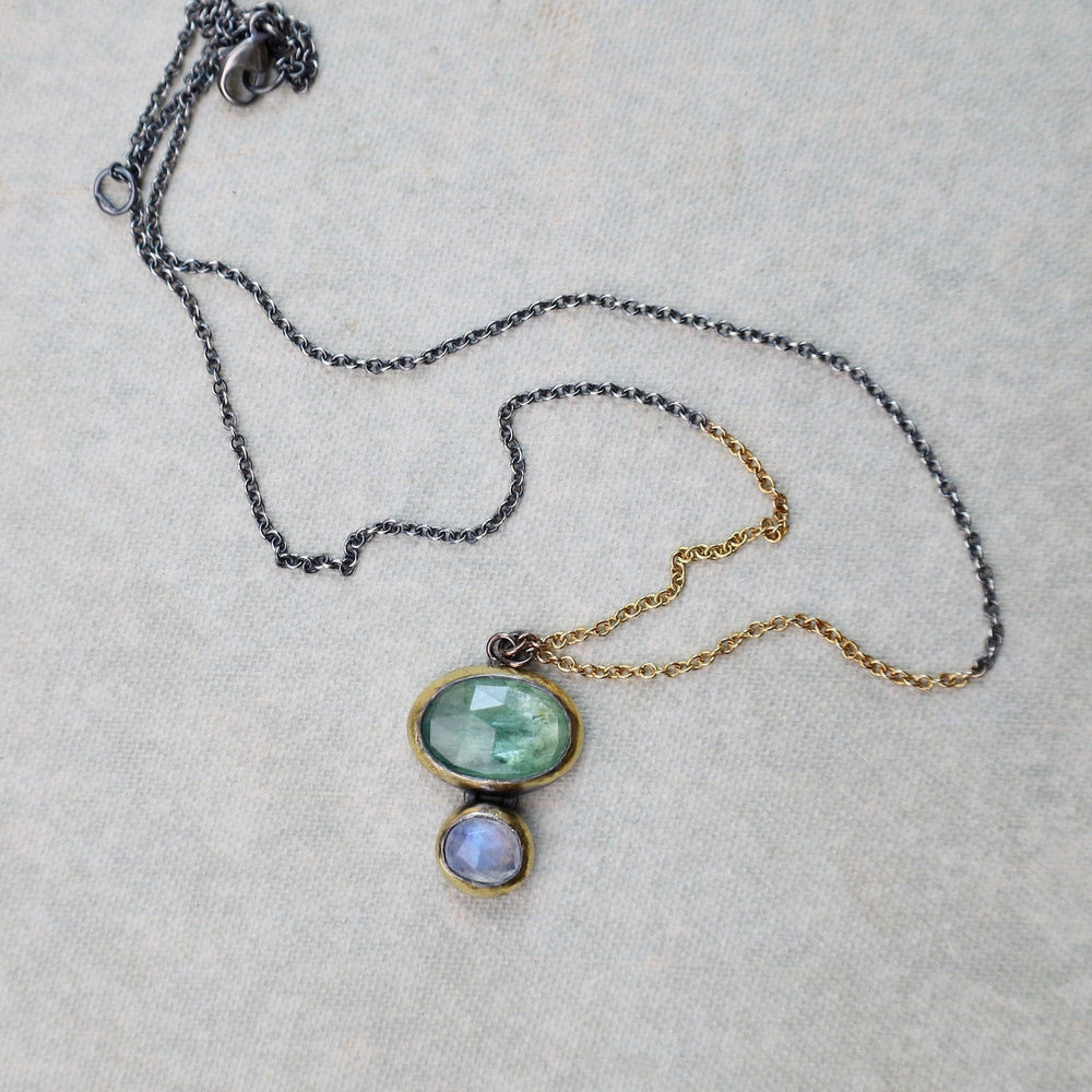 
                      
                        NKL Double Rim Necklace with Split Chain - Green Kyanite & Moonstone
                      
                    