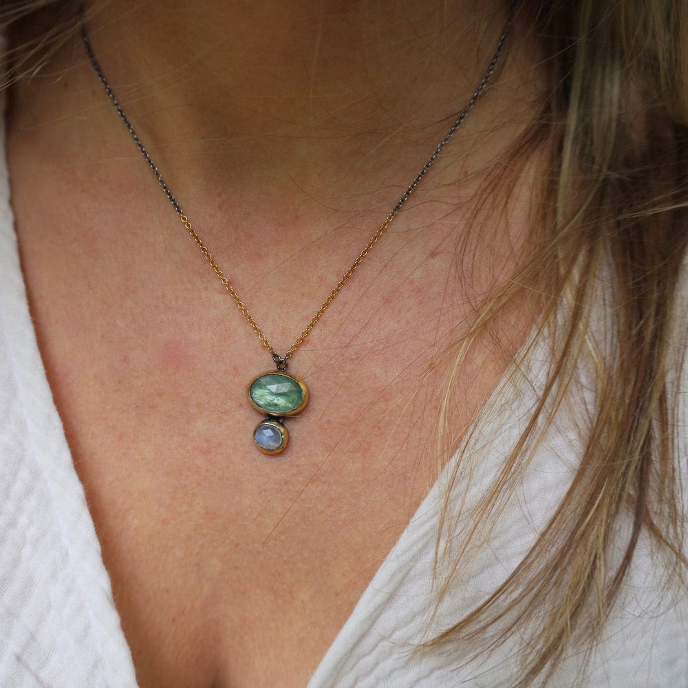 
                      
                        NKL Double Rim Necklace with Split Chain - Green Kyanite & Moonstone
                      
                    