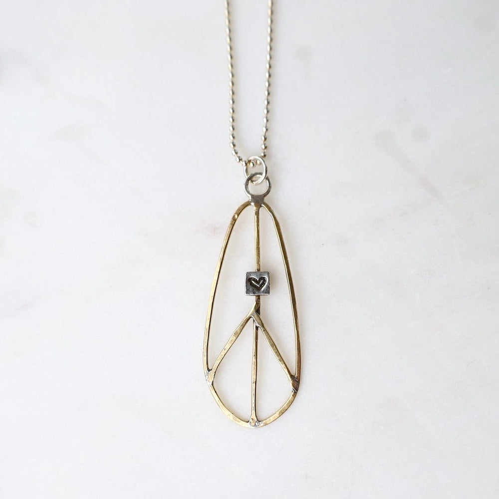 NKL Elongated Teardrop Brass Peace Sign Necklace