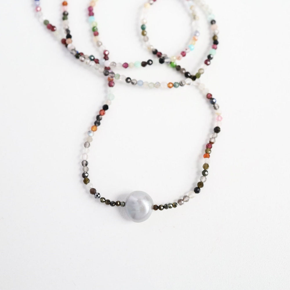 NKL Faceted Multi Stone with Grey Pearl Necklace